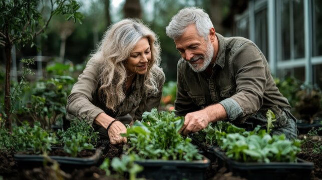A senior couple enjoys gardening together, carefully tending to a variety of green plants, representing teamwork, nurturing, and the simple joys of life outdoors.