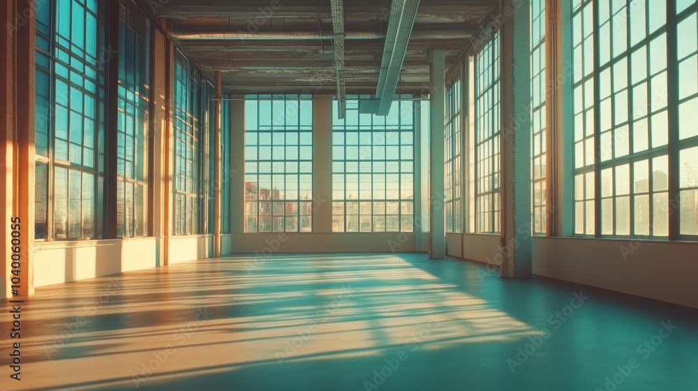 Poster bright and spacious empty room with large windows
