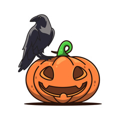 a black crow sits on a pumpkin with a crow on it