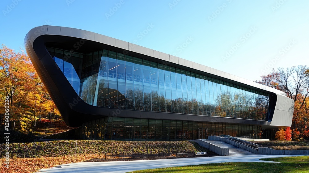 Poster modern library with unique architecture and scenic view