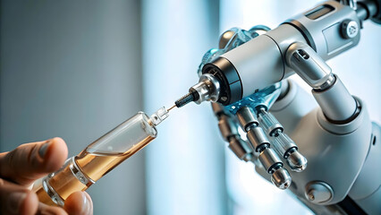 Glossy Robotic Arm Holding Medical Syringe Photo Stock Image Symbolizing Precision Automation in Medical Procedures with Ample Copy Space on Plain Background for Healthcare and Technology Concepts