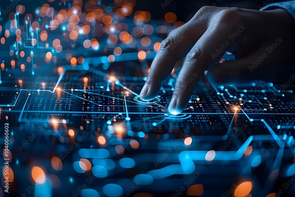 Poster exploring the digital frontier: a hand interacting with a futuristic circuit board