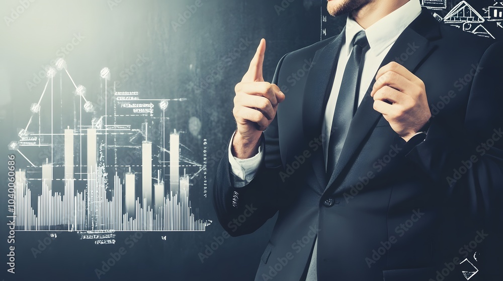 Poster a businessman in a suit points to a graph on a chalkboard.