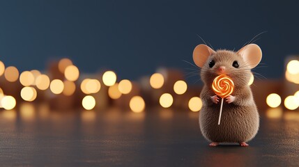 Naklejka premium Tiny mouse dressed as a vampire, holding a glowing lollipop, Halloween mouse, adorable animal design