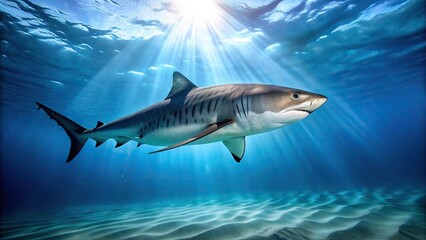 Obraz premium Majestic tiger shark swimming in blue ocean, long shot