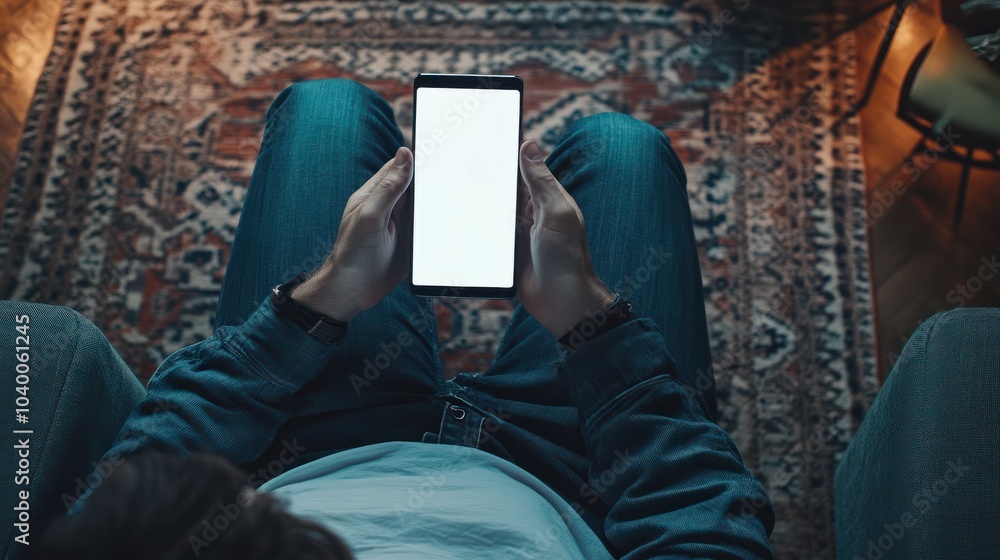Poster man using smartphone blank screen frameless modern design while lying on the sofa in home interior