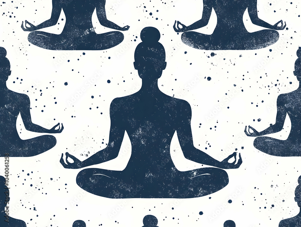 Poster flat meditation pose outline tiles - seamless pattern of simple white outlines depicting various min