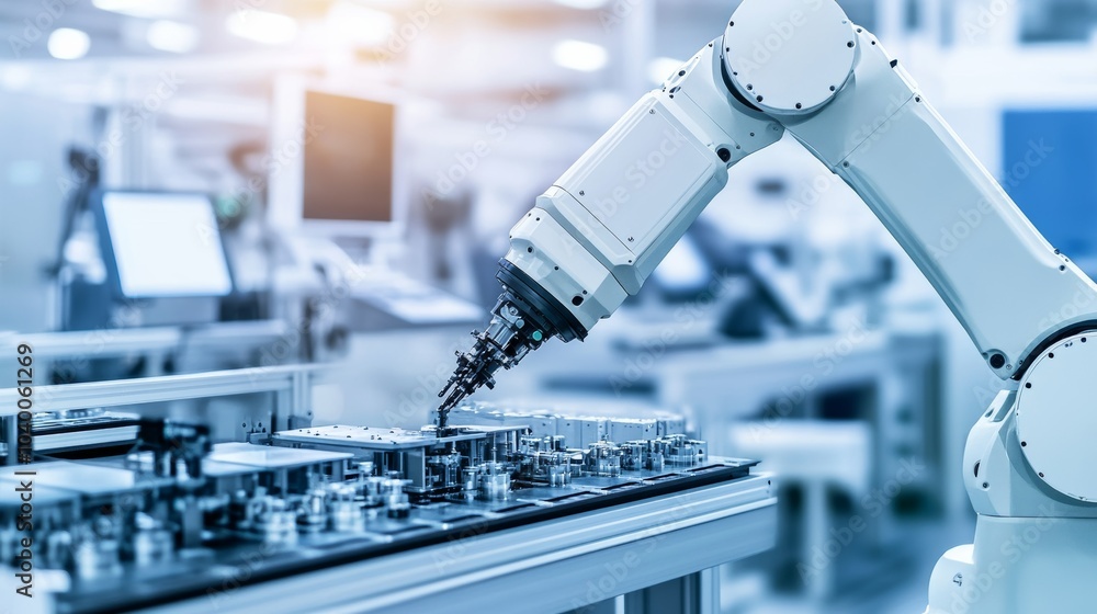 Poster a robot conducting high-precision assembly in a clean, high-tech semiconductor lab with organized wo