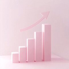 A pink pink arrow pointing upwards with bar charts below it. Concept of growth and progress, as the arrow represents upward movement