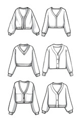 Vector line art of six distinct sweaters