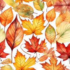 Obraz premium Watercolor seamless pattern of dry leaves in shades of yellow, orange and red, giving it an autumn feel.