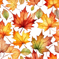 Obraz premium Watercolor seamless pattern of dry leaves in shades of yellow, orange and red, giving it an autumn feel.