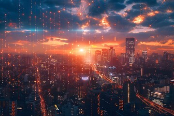 Fototapeta premium Stunning Cityscape at Sunset with Digital Overlay Effects