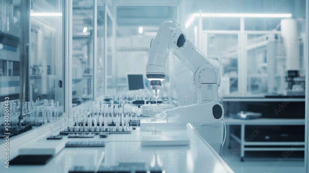 Fototapete A robot conducting high-precision assembly in a clean, high-tech semiconductor lab with organized workstations and advanced testing equipment, Semiconductor tech style