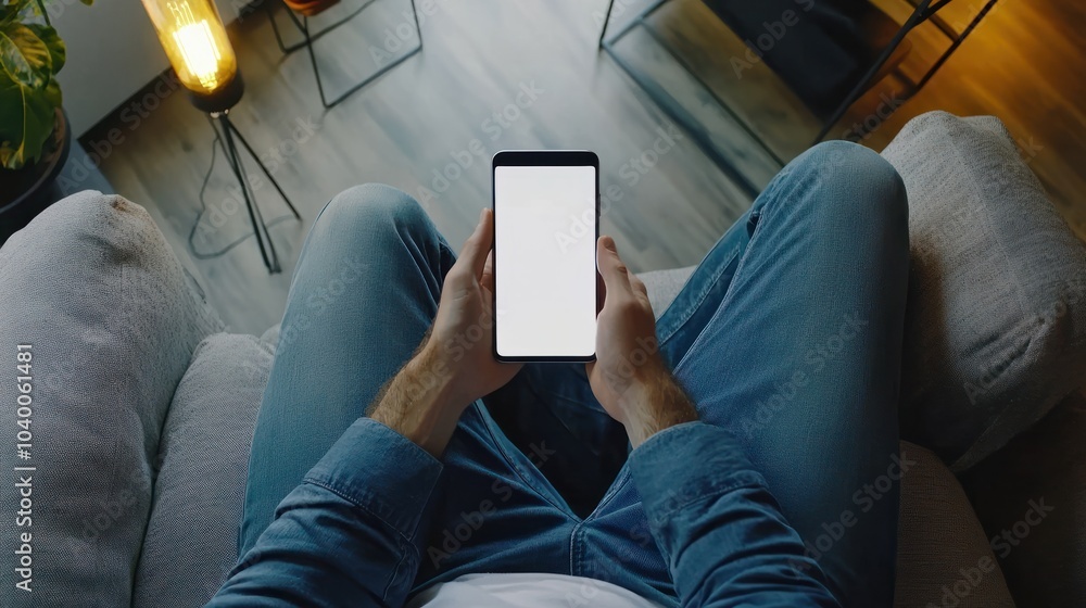 Poster man using smartphone blank screen frameless modern design while lying on the sofa in home interior