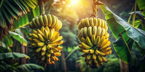 Obraz premium Low Light Photography of Bananas on the Tree - Tropical Fruit in Natural Setting