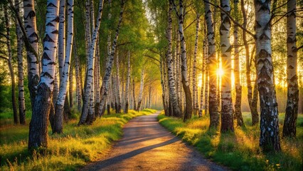 Fototapeta premium Majestic sunset light shining through the trees in a summer birch grove