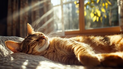 A relaxed ginger cat enjoys a restful nap, comfortably curled up in a sunny spot by the window, illuminated by soft streams of light filtering into the cozy interior.