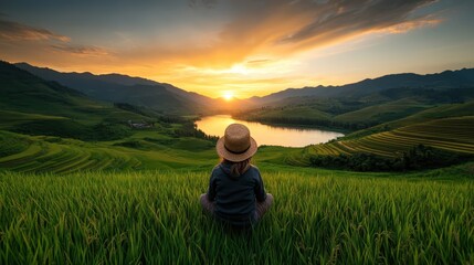 A sole individual gazes thoughtfully at the mesmerizing sunset from the lush green rice fields, enveloped by vast mountains and bathed in warm golden light.