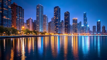 Fototapeta premium Night view of the city skyline with sparkling lights, tall buildings and reflections on the water, creating a vibrant urban scene.