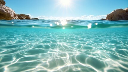 Fototapeta premium A stunning view of a crystal clear blue ocean under direct sunlight, creating beautiful reflections and sparkles on the water's surface, evoking tranquility and clarity.