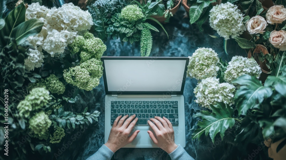 Poster man's hands typing on laptop computer in a room with indoor green flowers. white blank mock up empty