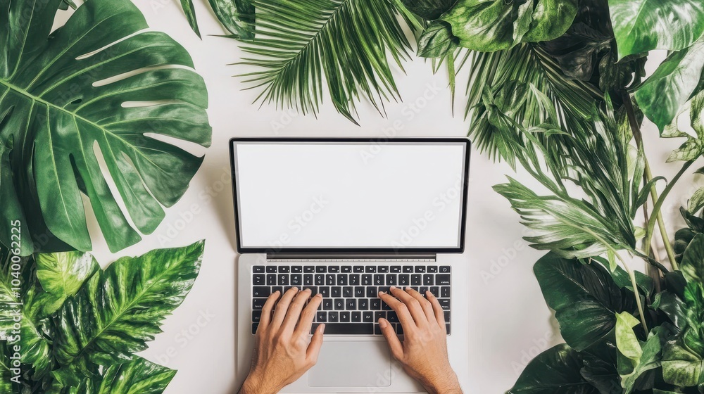 Poster man's hands typing on laptop computer in a room with indoor green flowers. white blank mock up empty