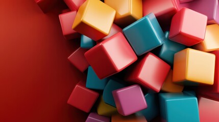 A vibrant collection of colorful cubes stacked together in an intriguing abstract geometric pattern, featuring shades of red, yellow, and blue blending harmoniously.