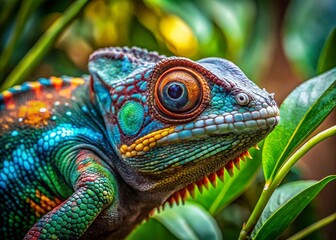 Obraz premium Low Light Photography of Madagascar Panther Chameleon Shedding Skin in Natural Habitat