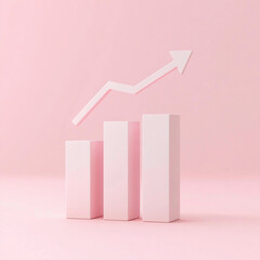 A pink pink arrow pointing upwards with bar charts below it. Concept of growth and progress, as the arrow represents upward movement