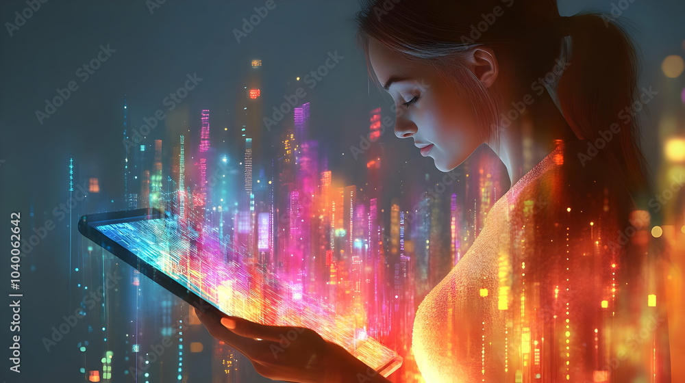 Poster 3d businesswoman tablet analysis graphs digital artwork abstract background bokeh lights modern busi