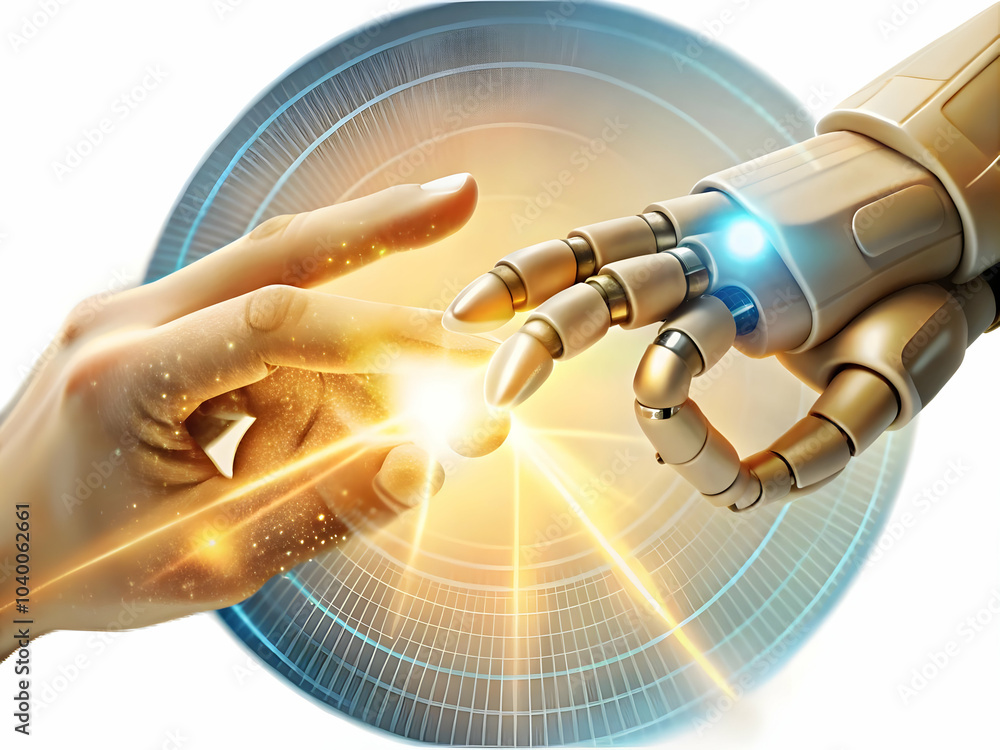 Poster interlocking gears human robotic collaboration image, seamless machine integration visual on plain b