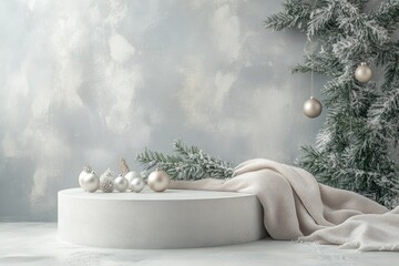 Winter-Themed Display with White Podium, Pine Branches, and Ornaments