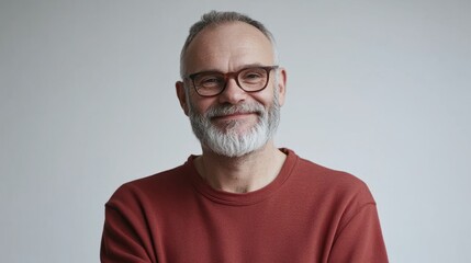 Fototapeta premium Mature, bearded man with a cheerful smile wearing a sweatshirt stands alone on a white background, looking at the camera mid-aged, gray-haired senior hipster