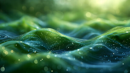 Abstract Green and Blue Wavy Background with Glimmering Lights