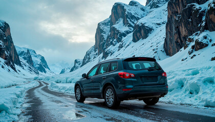 SUV navigating icy mountain road in snowy landscape, winter driving dangers