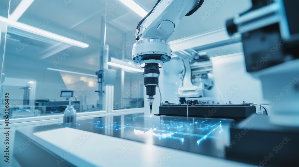 Poster a robot conducting high-precision measurements in a state-of-the-art metrology lab with advanced mea