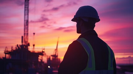 Silhouette of an industrial engineer communicating with workers on-site, elevated and secured in harness, against a serene pastel sunset background.