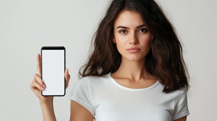 Fototapeta premium Mockup image of a beautiful woman pointing finger at a mobile phone with blank white screen