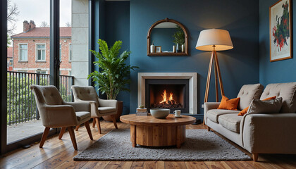 Obraz premium Cozy living room with modern furniture, fireplace, and stylish decor