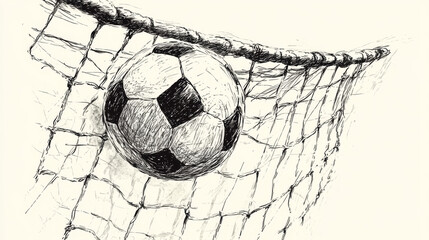 A hand-drawn sketch of a soccer ball going into the net. The image looks like an old-fashioned engraving, with black lines on a white background.