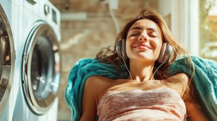 A serene woman with headphones, leaning back and enjoying music with eyes closed, amidst the unique backdrop of a laundromat filled with machines.