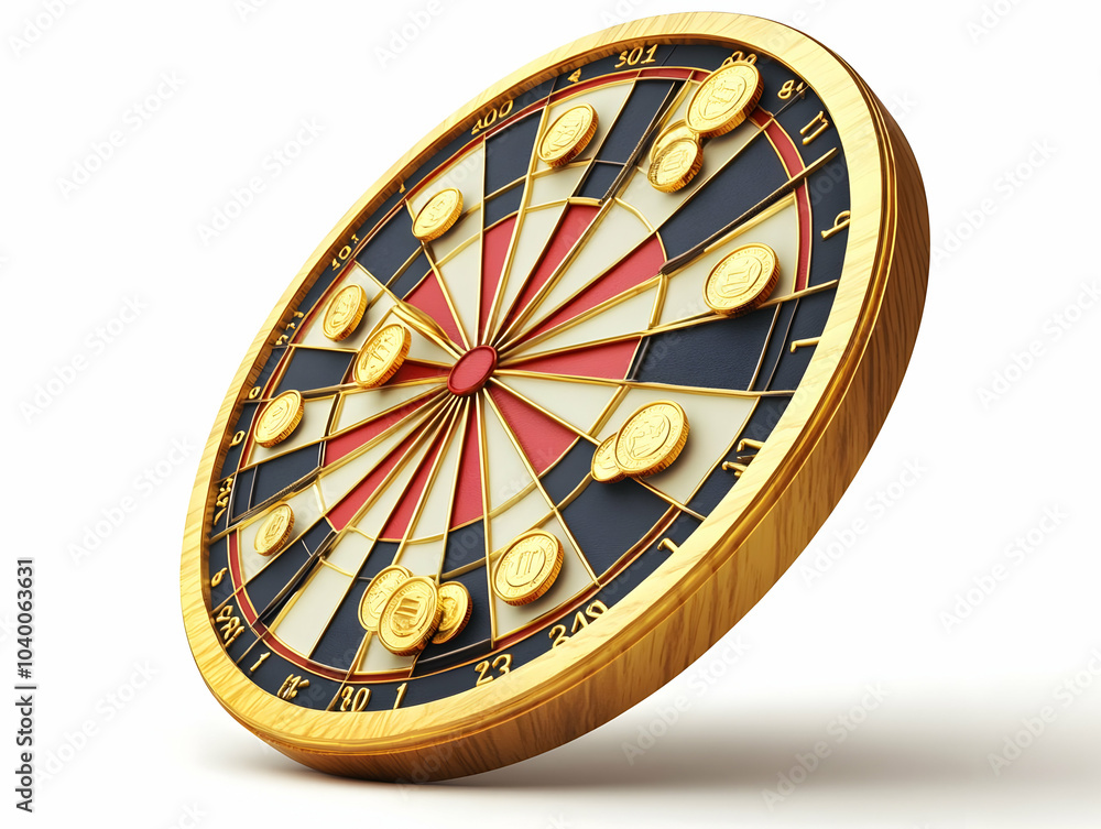 Poster flat dartboard coins dart points vector illustration golden coins embedded score sections realistic 