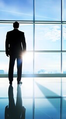 Fototapeta premium A businessman looks out a large window at the city skyline.