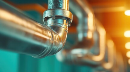 A close-up of industrial metal pipes, highlighted by warm lighting, showcasing the intricate, reflective surfaces and conveying a sense of strength and engineering prowess.