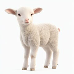 Fototapeta premium A cute, fluffy lamb stands playfully, showcasing its soft white fleece and endearing expression in a bright environment.