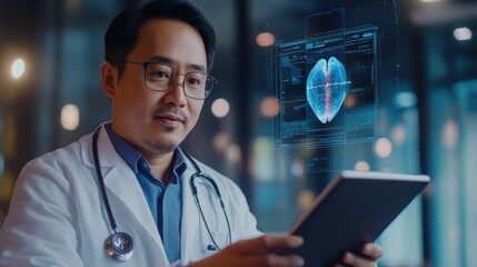 A doctor in a lab coat using a tablet to analyze holographic data of a heart, showcasing advanced healthcare technology and modern diagnostic tools for patient care.
