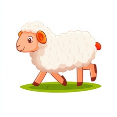 Obraz premium A cute cartoon sheep with fluffy wool trots across a green patch of grass, showcasing its playful demeanor.