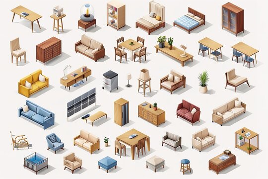A colorful set of vector isometric house furnishings on a white background for printing or usage as a backdrop, Generative AI.