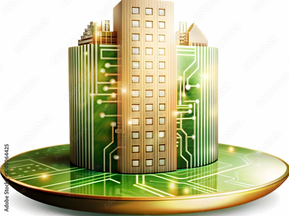 Poster glossy building silhouette with circuit pattern on plain background for smart cities concept - techn
